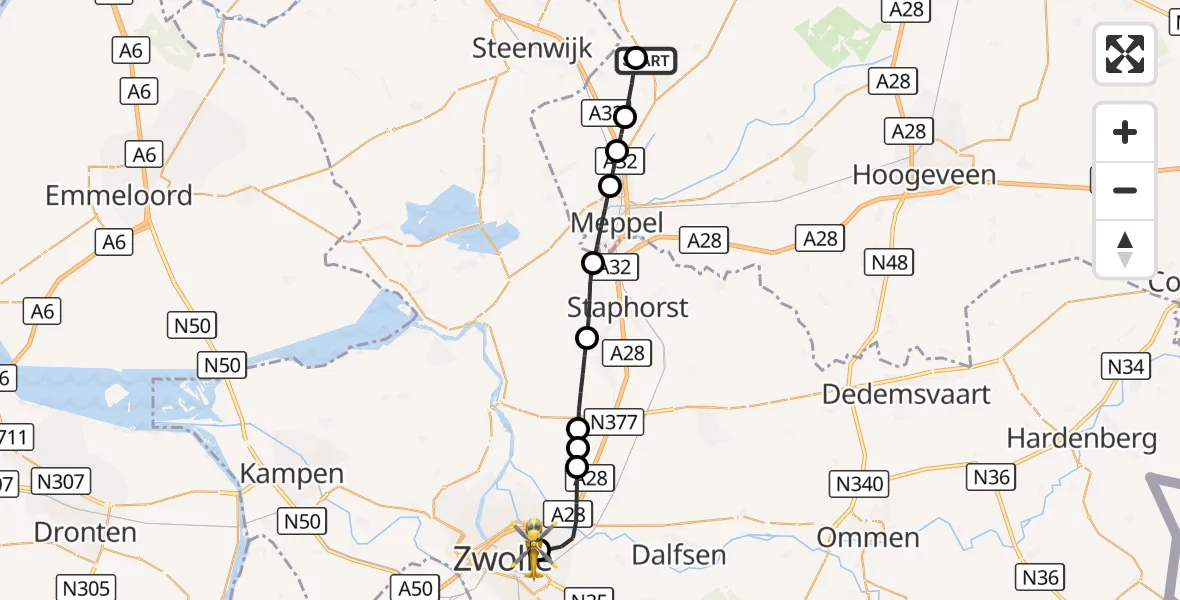 Vluchtroute Traumahelikopter Havelte - Isala Hospital Zwolle Heliport, 28 september 2026, 15:42