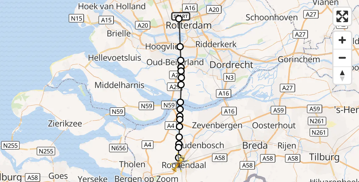 Vluchtroute Traumahelikopter Rotterdam The Hague Airport - Roosendaal, 28 september 2026, 17:01