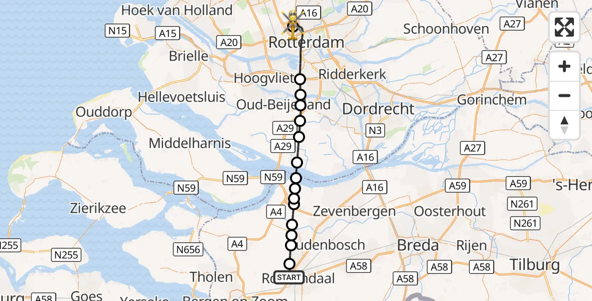 Vluchtroute Traumahelikopter Roosendaal - Rotterdam The Hague Airport, 28 september 2026, 17:27