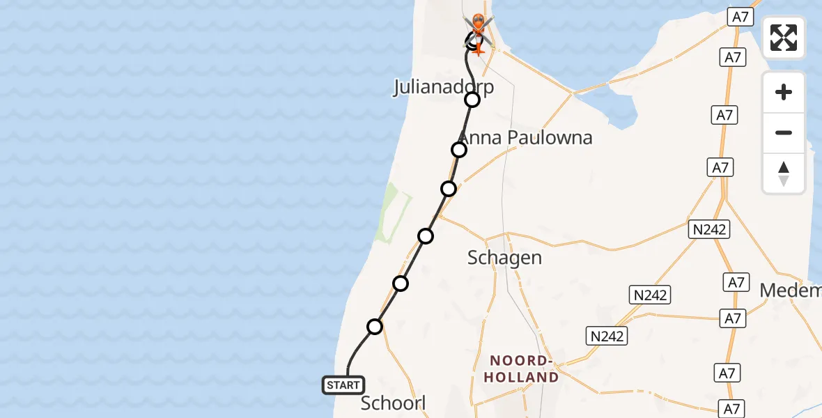 Vluchtroute Kustwachthelikopter Schoorl - Militair vliegveld De Kooy / Den Helder Airport, 28 september 2026, 18:35
