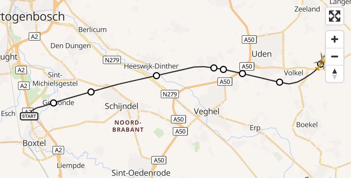 Vluchtroute Traumahelikopter Boxtel - Vliegbasis Volkel, 28 september 2026, 20:51