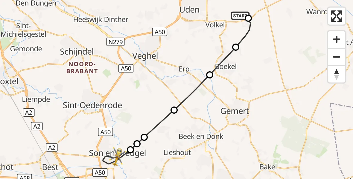 Vluchtroute Traumahelikopter Vliegbasis Volkel - Son en Breugel, 28 september 2026, 21:19