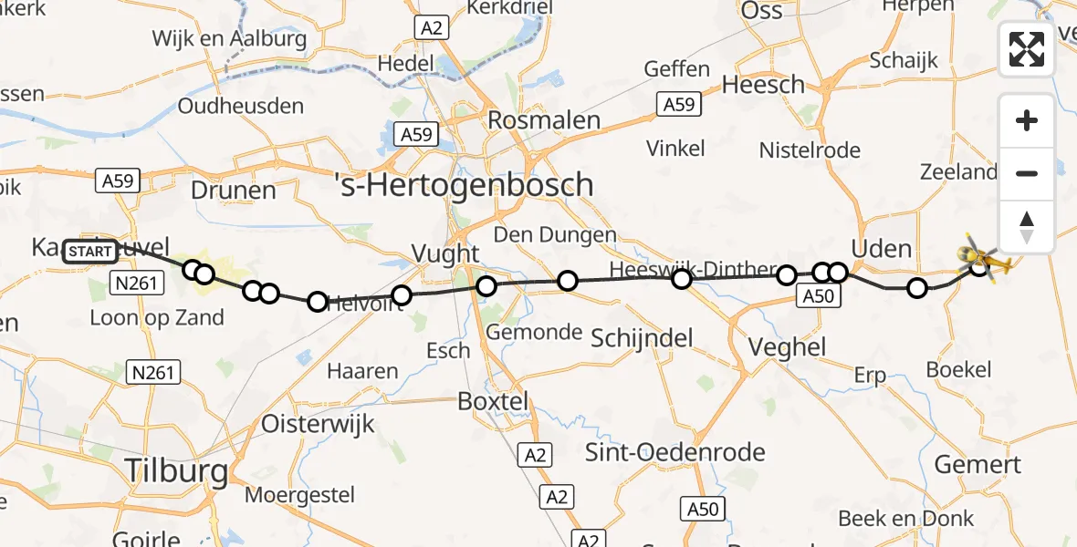 Vluchtroute Traumahelikopter Kaatsheuvel - Vliegbasis Volkel, 29 september 2026, 06:29