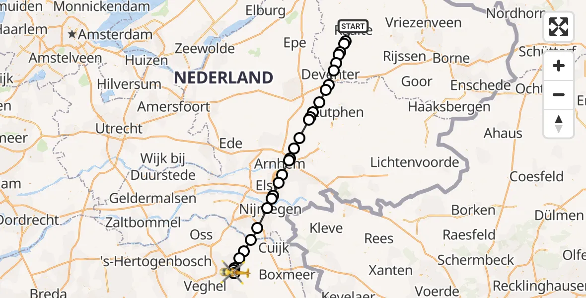 Vluchtroute Traumahelikopter Raalte - Vliegbasis Volkel, 29 september 2026, 09:39