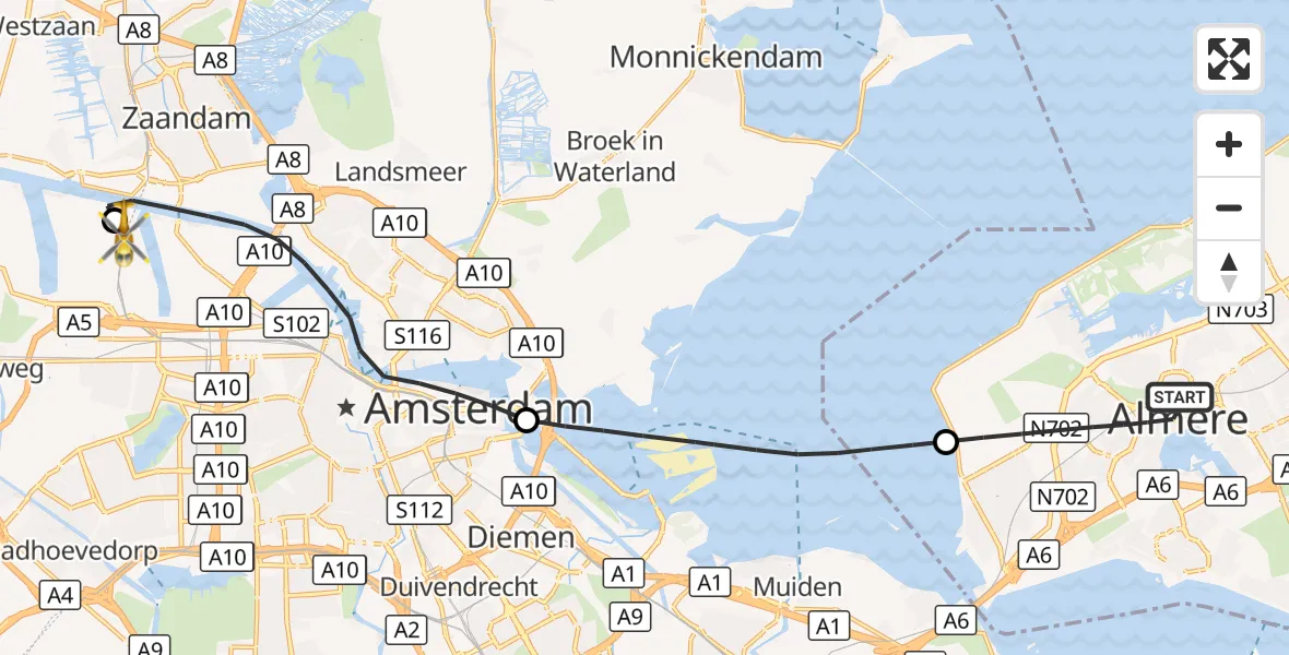 Vluchtroute Traumahelikopter Almere - Amsterdam Heliport, 29 september 2026, 09:48