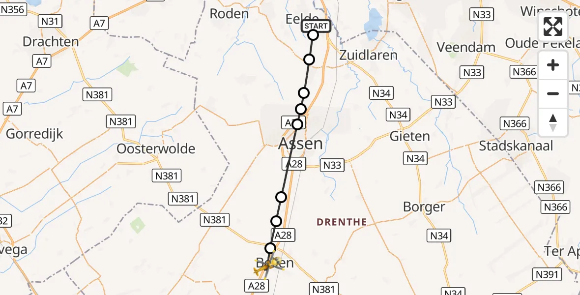 Vluchtroute Traumahelikopter Groningen Airport Eelde - Beilen, 29 september 2026, 14:45