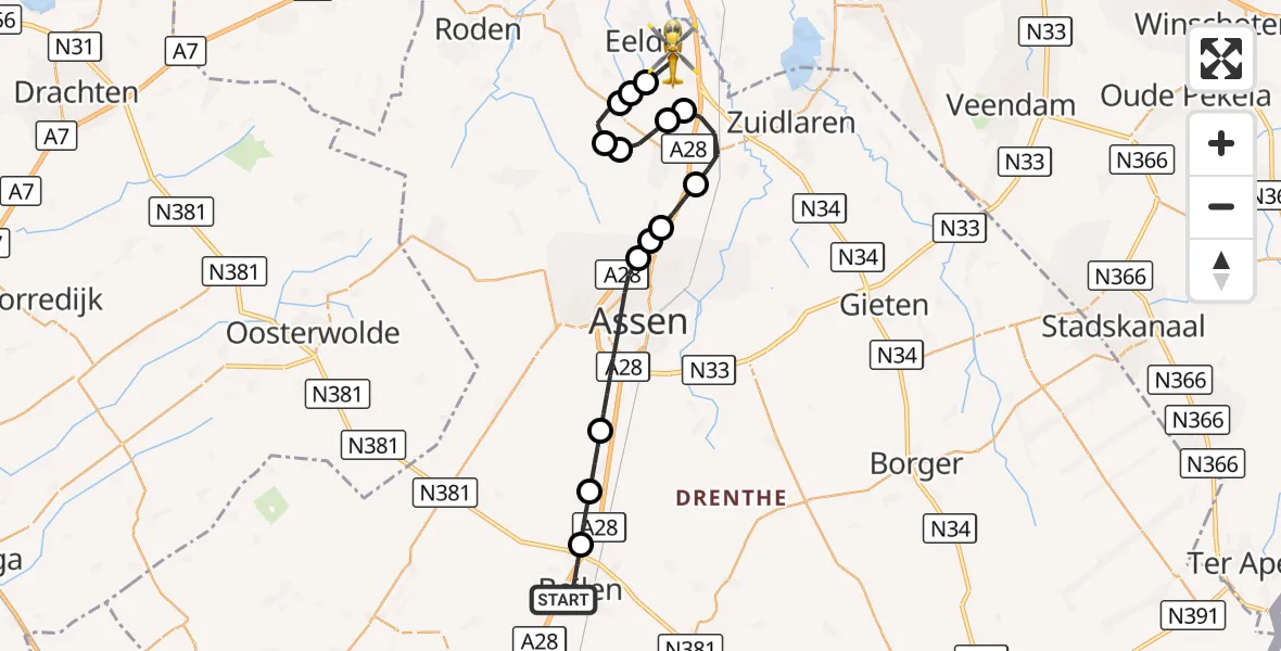 Vluchtroute Traumahelikopter Beilen - Groningen Airport Eelde, 29 september 2026, 15:11