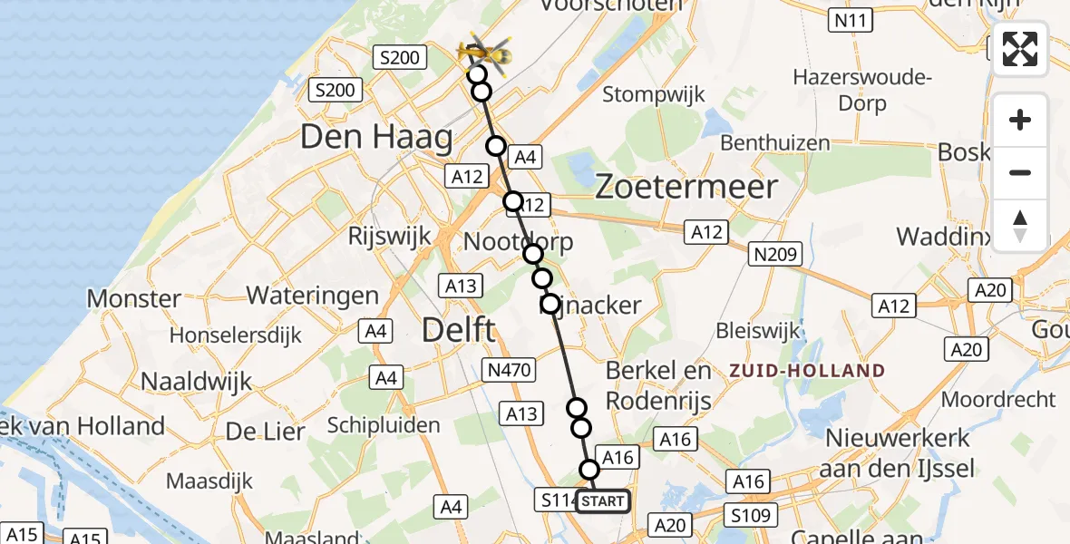 Vluchtroute Traumahelikopter Rotterdam The Hague Airport - Wassenaar, 29 september 2026, 15:59