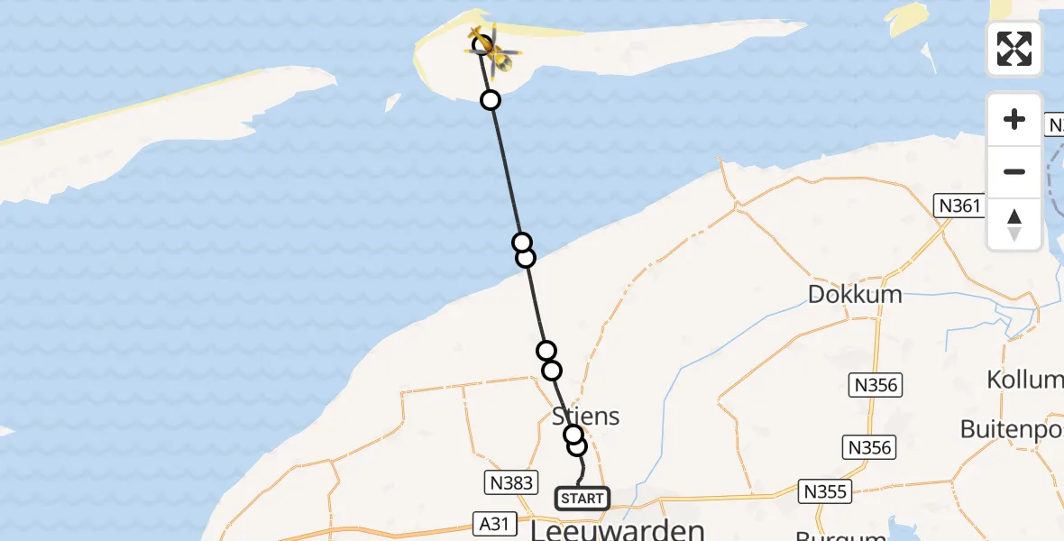 Vluchtroute Ambulancehelikopter Vliegbasis Leeuwarden - Ameland Vliegveld Ballum, 29 september 2026, 17:57