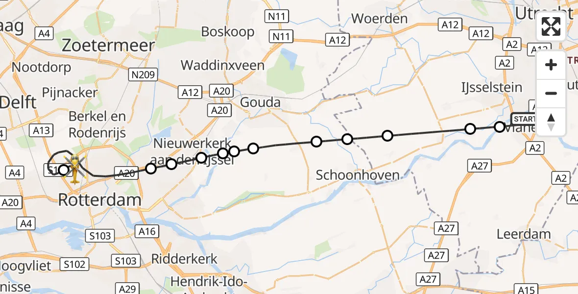 Vluchtroute Traumahelikopter Vianen - Rotterdam The Hague Airport, 29 september 2026, 19:07