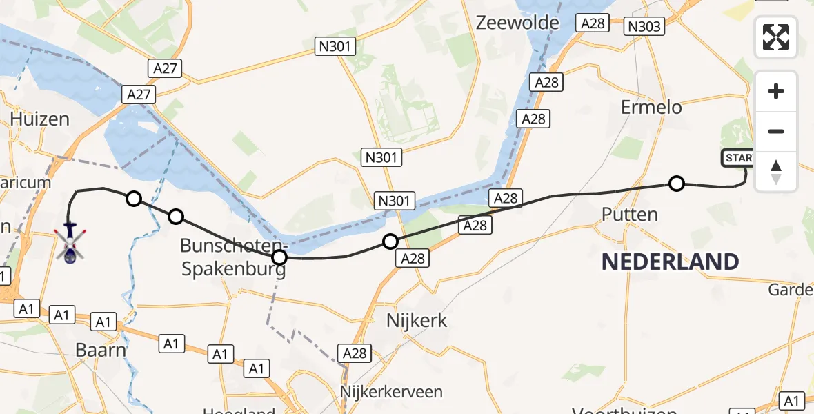 Vluchtroute Politiehelikopter Ermelo - Eemnes, 29 september 2026, 19:12