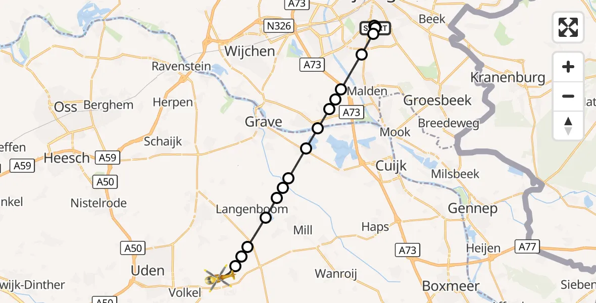 Vluchtroute Traumahelikopter Radboud Universitair Medisch Centrum - Vliegbasis Volkel, 29 september 2026, 22:02