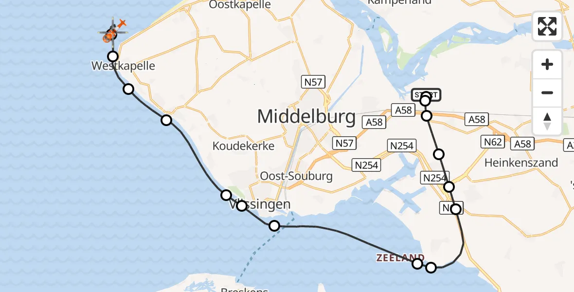 Vluchtroute Kustwachthelikopter Vliegveld Midden-Zeeland - Noordzee, 30 september 2026, 08:09