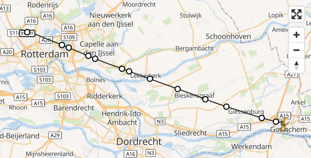 Vluchtroute Traumahelikopter Rotterdam The Hague Airport - Gorinchem, 30 september 2026, 08:11