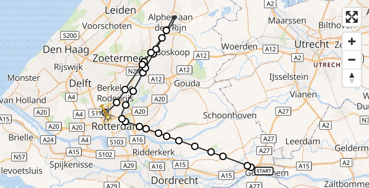 Vluchtroute Traumahelikopter Gorinchem - Rotterdam The Hague Airport, 30 september 2026, 08:41