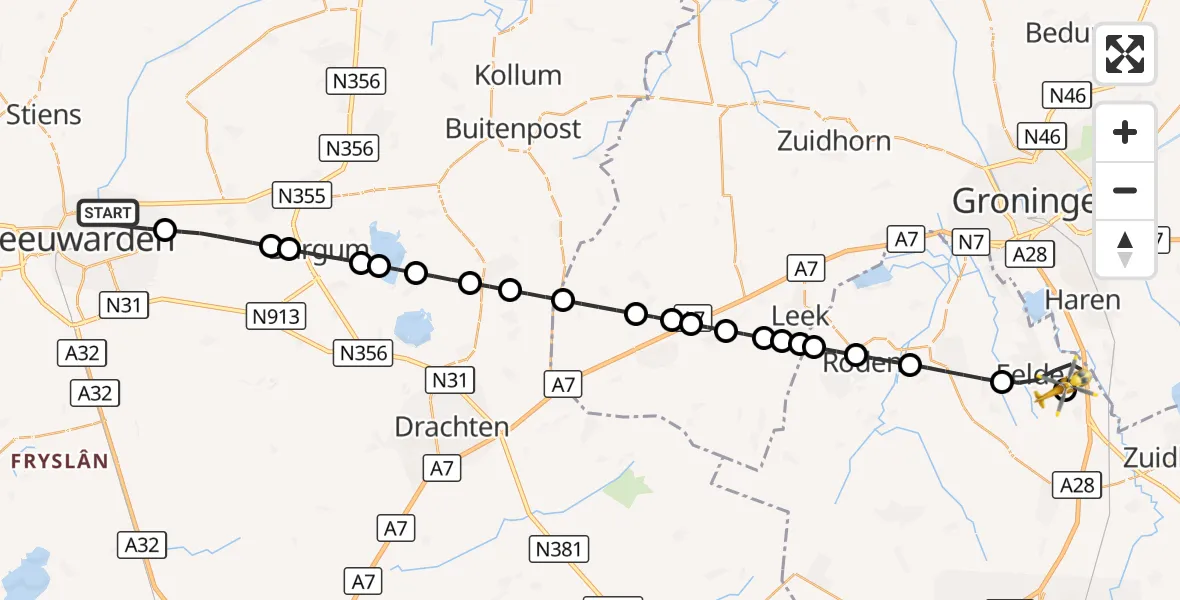 Vluchtroute Traumahelikopter Leeuwarden - Groningen Airport Eelde, 30 september 2026, 11:23