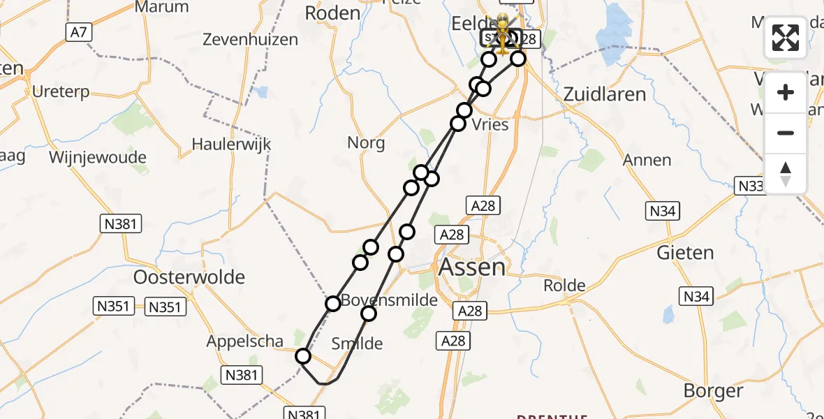 Vluchtroute Traumahelikopter Groningen Airport Eelde - Groningen Airport Eelde, 30 september 2026, 13:47