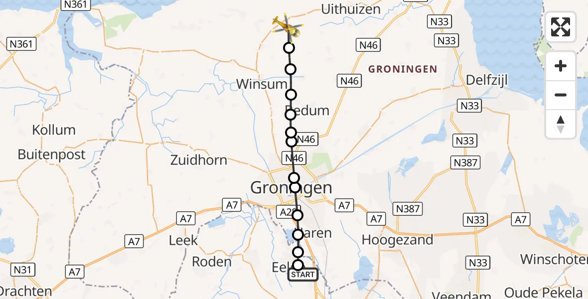 Vluchtroute Traumahelikopter Groningen Airport Eelde - Warffum, 30 september 2026, 15:18