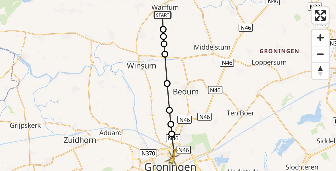 Vluchtroute Traumahelikopter Warffum - Groningen, 30 september 2026, 16:04