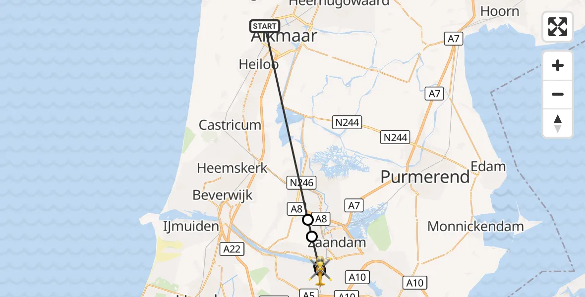 Vluchtroute Traumahelikopter Alkmaar - Amsterdam Heliport, 30 september 2026, 16:08