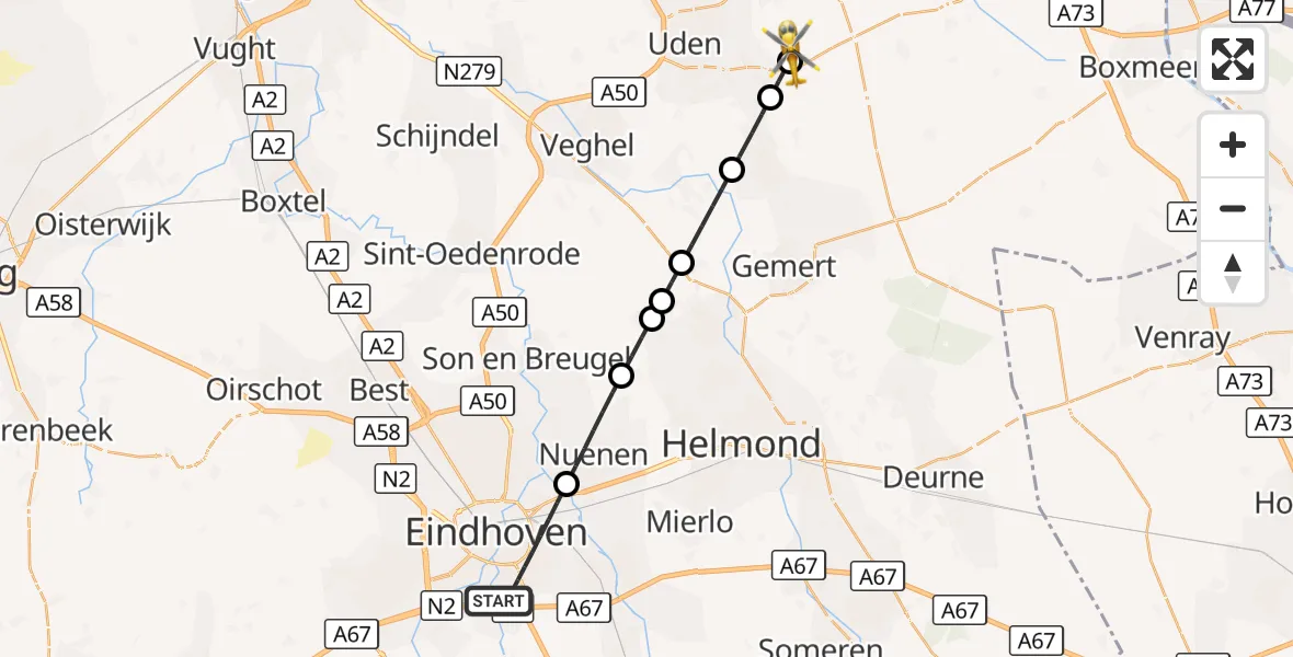 Vluchtroute Traumahelikopter Eindhoven - Vliegbasis Volkel, 30 september 2026, 17:34