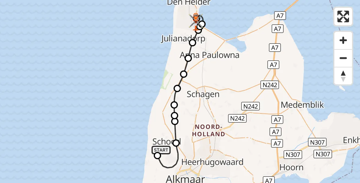 Vluchtroute Kustwachthelikopter Schoorl - Militair vliegveld De Kooy / Den Helder Airport, 30 september 2026, 18:18