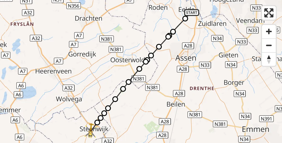 Vluchtroute Traumahelikopter Groningen Airport Eelde - Steenwijk, 01 oktober 2026, 06:44