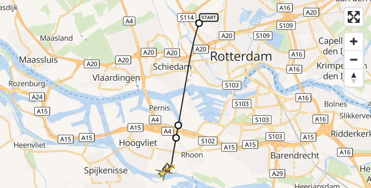 Vluchtroute Traumahelikopter Rotterdam The Hague Airport - Poortugaal, 01 oktober 2026, 08:10