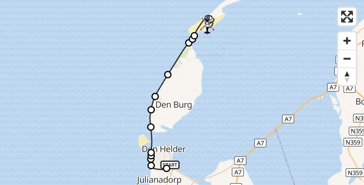 Vluchtroute Politiehelikopter Militair vliegveld De Kooy / Den Helder Airport - Vlieland, 01 oktober 2026, 13:18