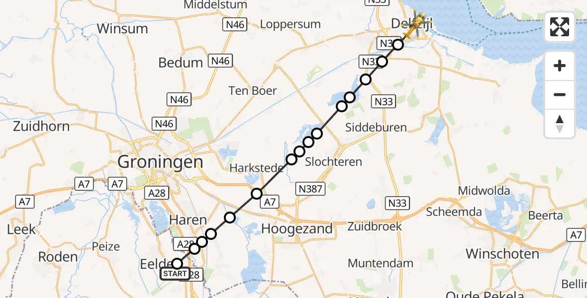Vluchtroute Traumahelikopter Groningen Airport Eelde - Delfzijl, 01 oktober 2026, 13:27
