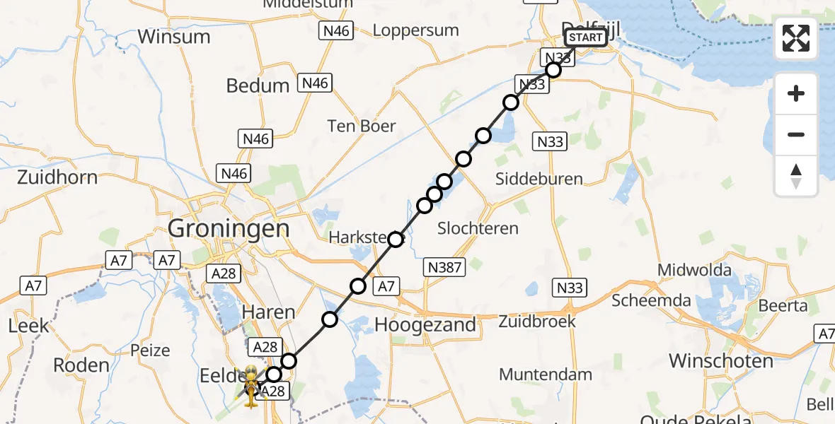 Vluchtroute Traumahelikopter Delfzijl - Groningen Airport Eelde, 01 oktober 2026, 14:04