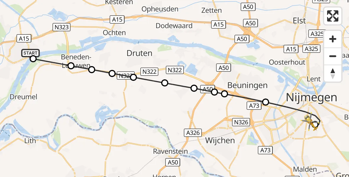 Vluchtroute Traumahelikopter Tiel - Radboud University Medical Center Heliport, 01 oktober 2026, 14:24