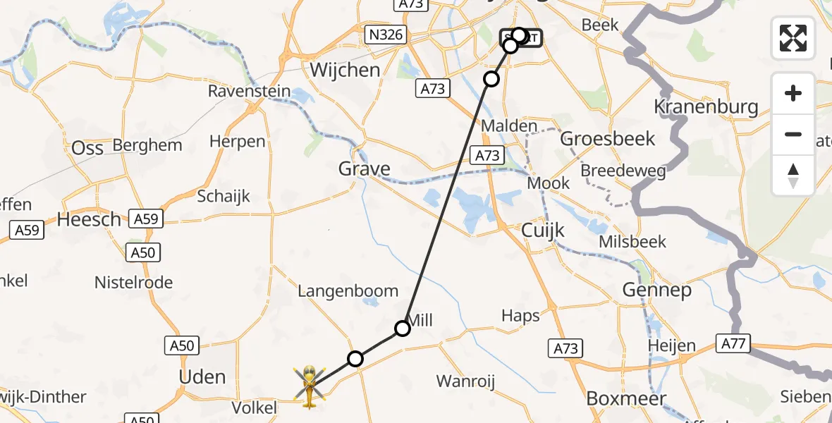 Vluchtroute Traumahelikopter Radboud Universitair Medisch Centrum - Vliegbasis Volkel, 01 oktober 2026, 15:07