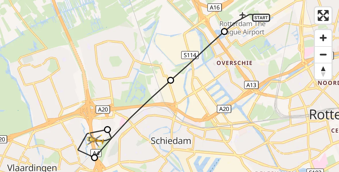 Vluchtroute Traumahelikopter Rotterdam The Hague Airport - Schiedam, 01 oktober 2026, 15:49