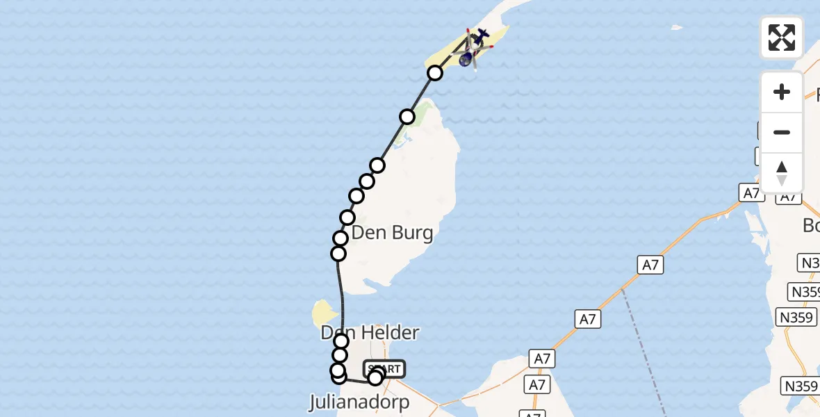 Vluchtroute Politiehelikopter Militair vliegveld De Kooy / Den Helder Airport - Vlieland, 01 oktober 2026, 16:17