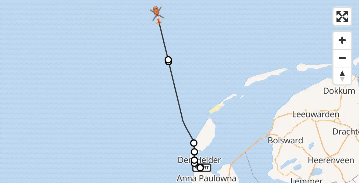 Vluchtroute Kustwachthelikopter Militair vliegveld De Kooy / Den Helder Airport - Noordzee, 01 oktober 2026, 16:53