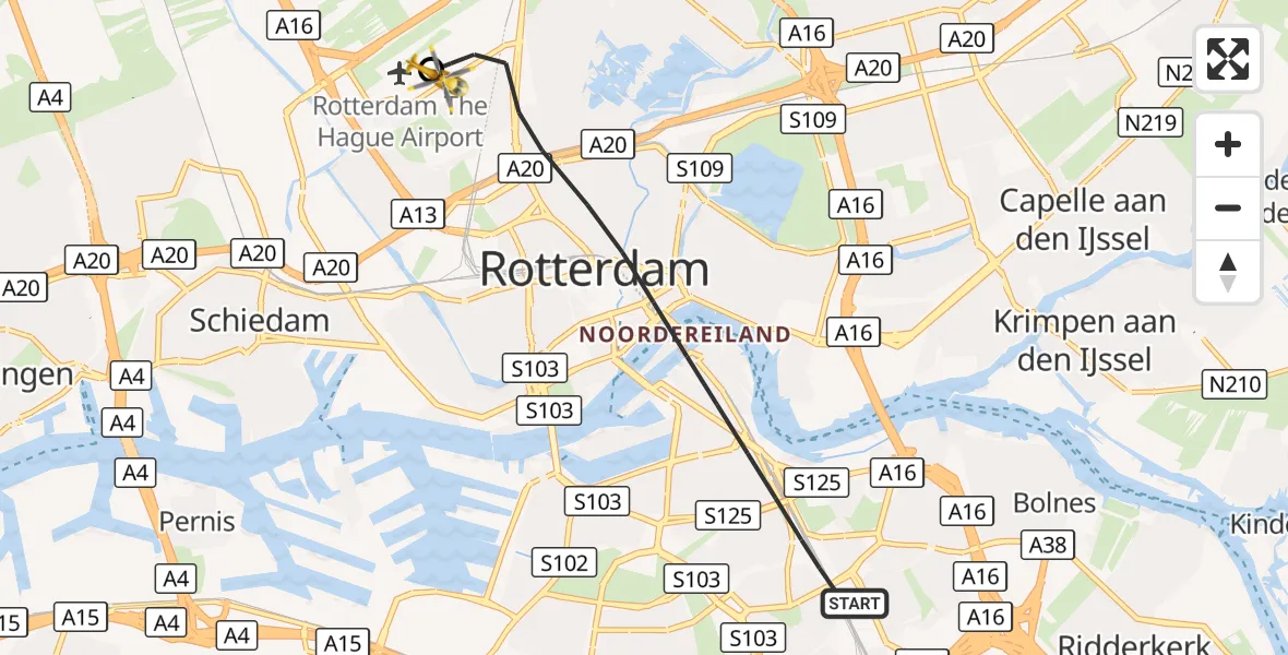 Vluchtroute Traumahelikopter Rotterdam - Rotterdam The Hague Airport, 01 oktober 2026, 17:23