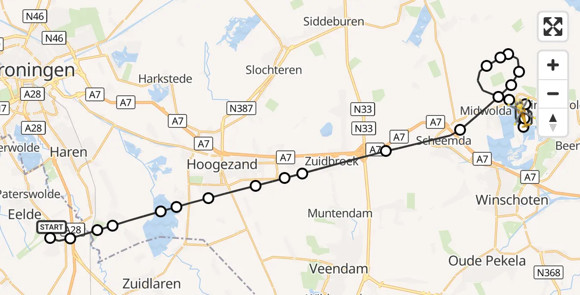 Vluchtroute Traumahelikopter Groningen Airport Eelde - Oldambtmeer, 01 oktober 2026, 18:30