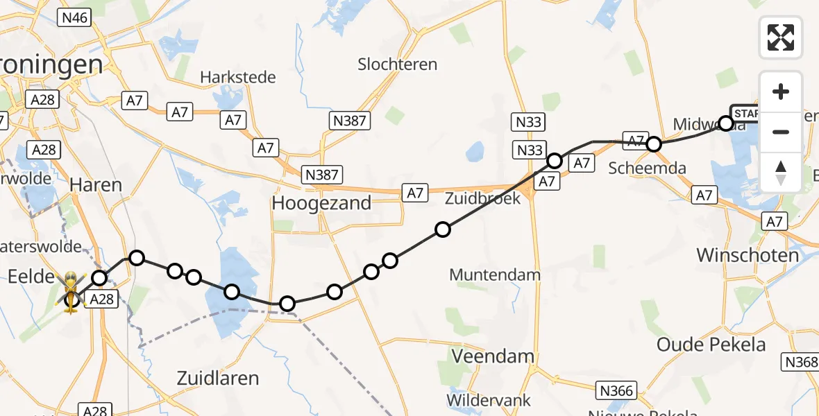 Vluchtroute Traumahelikopter Oostwold - Groningen Airport Eelde, 01 oktober 2026, 18:46