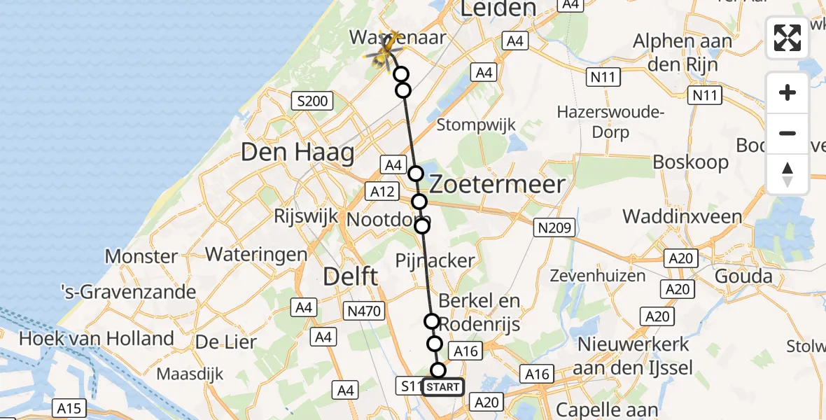 Vluchtroute Traumahelikopter Rotterdam The Hague Airport - Wassenaar, 02 oktober 2026, 05:40