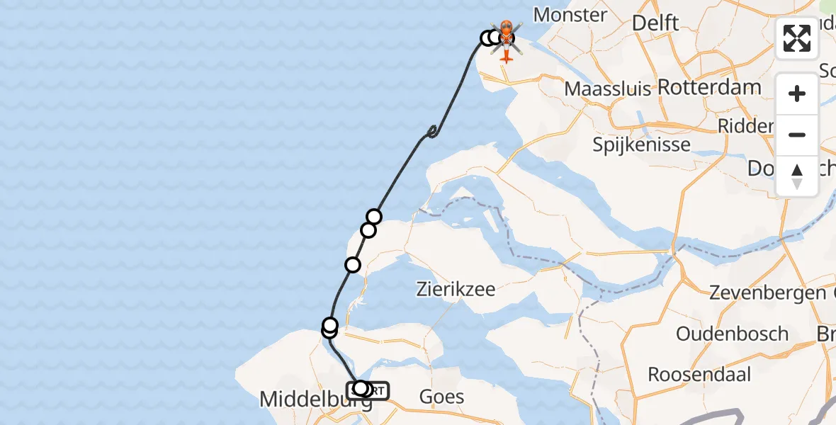 Vluchtroute Kustwachthelikopter Vliegveld Midden-Zeeland - Maasvlakte Rotterdam, 02 oktober 2026, 07:05