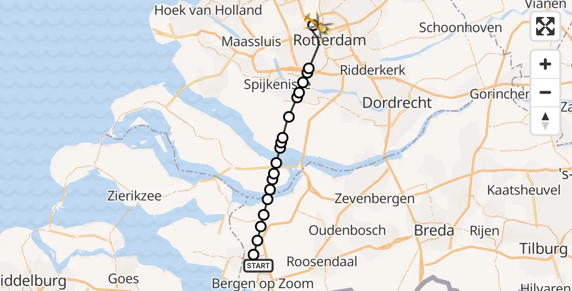 Vluchtroute Traumahelikopter Halsteren - Rotterdam The Hague Airport, 02 oktober 2026, 07:15