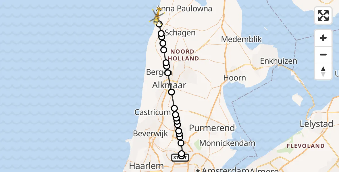 Vluchtroute Traumahelikopter Amsterdam Heliport - Callantsoog, 02 oktober 2026, 08:04