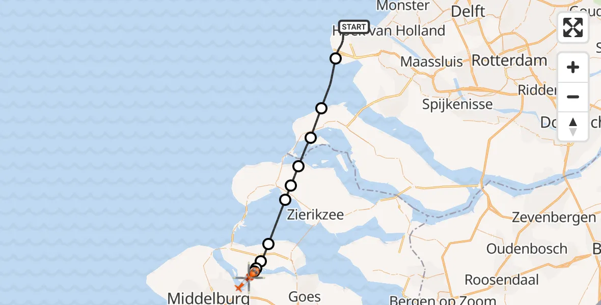 Vluchtroute Kustwachthelikopter Maasvlakte Rotterdam - Veerse Meer, 02 oktober 2026, 08:52