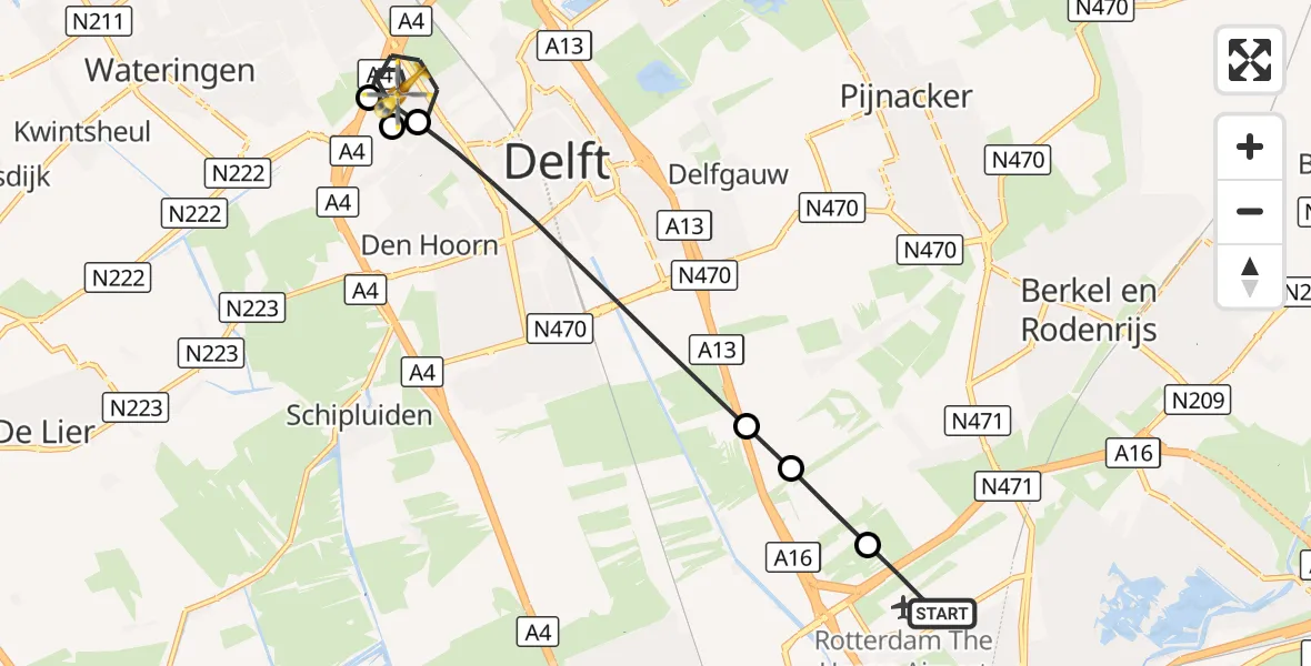 Vluchtroute Traumahelikopter Rotterdam The Hague Airport - Rijswijk, 02 oktober 2026, 10:27