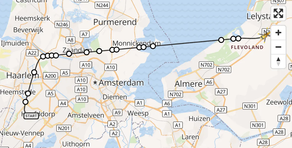 Vluchtroute Traumahelikopter Hoofddorp - Lelystad, 02 oktober 2026, 11:03