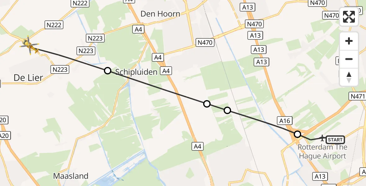 Vluchtroute Traumahelikopter Rotterdam The Hague Airport - De Lier, 02 oktober 2026, 15:03