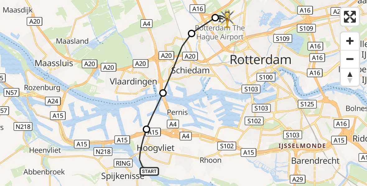 Vluchtroute Traumahelikopter Hoogvliet Rotterdam - Rotterdam The Hague Airport, 02 oktober 2026, 18:05