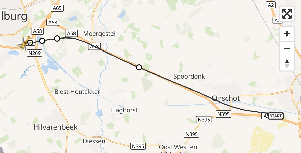 Vluchtroute Traumahelikopter Oirschot - St. Elisabeth Hospital Heliport, 03 oktober 2026, 03:40