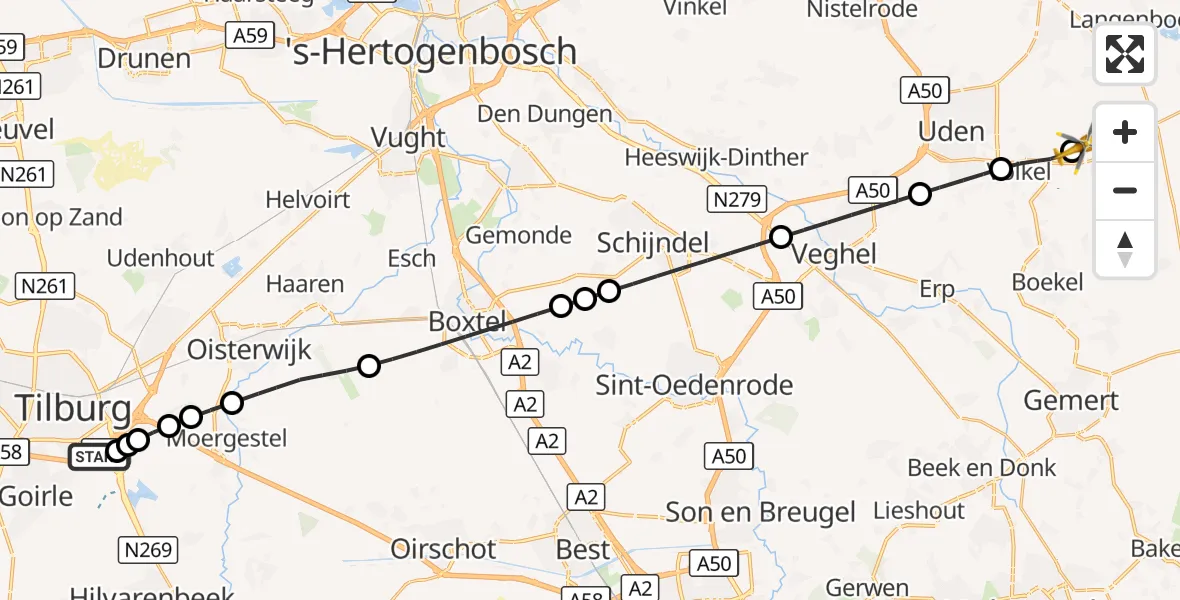 Vluchtroute Traumahelikopter St. Elisabeth Hospital Heliport - Vliegbasis Volkel, 03 oktober 2026, 04:07
